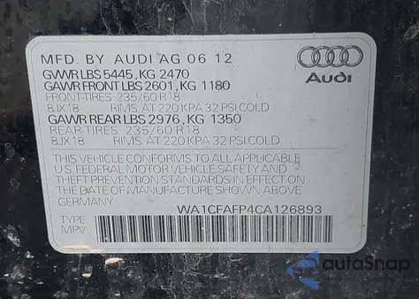 2012 Audi Q5 2.0T Premium z USA, uszkodzony, nr VIN WA1CFAFP4CA126893